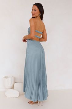 Length from bust to hem of size S: 115cm. Chest: 33cm, Waist: 32cm, across front only of size S. Maxi dress. Semi-lined. Model is a standard XS and is wearing size XS. True to size. Non-stretch. Strapless. Plisse fabrication. Flowy skirt. Underwire. Elastic back. Zipper. Cold hand wash only. Polyester/Nylon/Spandex. Designed for formal affairs. The Sunflower Serenity Plisse Maxi Dress features a strapless silhouette, gorgeous plisse fabrication and a flowy skirt. Style with heels for the best pi Sage Formal Dress, Dress Sage, Prom Shopping, Maxi Dress Prom, Maxi Dress Wedding, The Sunflower, Skirt Style, Pink Mini Dresses, Flowy Skirt