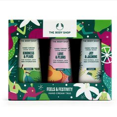 3pc The Body Shop - Feels & Festivity Hand Cream Trio Gift Set - Limited Edition Keeps Hands Soft And Smooth: For The Perfect Gift For Someone On The Go, Give The Feels & Festivity Hand Cream Trio Gift Set, With Three Gorgeously Scented Treats The Perfect Hand Cream Set: Includes Seriously Sweet Kindness & Pears Enriched With Pear Extract From Italy, Juicy Love & Plums Hand Cream Enriched With Plum Extract From Turkey And Festively Floral Joy & Jasmine With Jasmine Extract From India New & Origi Hand Creams, Holiday Gift Sets, Beauty Gift Sets, Free Amazon Products, Body Moisturizer, Gift Collections, Interactive Design, Hand Cream, Beauty Gift