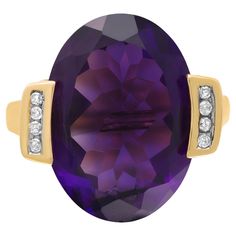 This beautiful purple oval shaped Amethyst and diamond cocktail ring is crafted in fine 14k yellow gold. An excellent oval shaped amethyst weighing approx. 11.00 carats is flanked with tiny round brilliant cut diamonds. Ring Size 7.75. Total weight: 6.00 grams. Comes with a presentable gift box. Diamond Cocktail Ring, Diamonds Ring, Diamond Cocktail Rings, Ring Size 7, Round Brilliant Cut Diamond, Cocktail Ring, Brilliant Cut Diamond, Cocktail Rings, Jewelry Watches