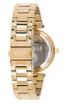 A textured dial brings edgier attitude to this timeless gold IP bracelet watch..40mm case; 18mm band width.Deployment clasp.Stainless steel.Imported.Item #6890476 Trendy Gold Watches With Metal Dial, Versace Gold, Versus Versace, Nordstrom Rack, Bracelet Watch, Versace, Women's Clothing, Nordstrom, Stainless Steel