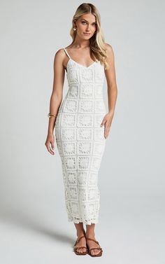 Antwerp Midi Dress - Strappy Bodycon Dress in White Crochet | Showpo USA Elegant Summer Bodycon Crochet Dress, White Sleeveless Crochet Dress, Chic Bodycon Crochet Dress For Spring, White Crochet Dress With Spaghetti Straps For Beach, White Sleeveless Lace Crochet Dress, Fitted Sleeveless Crochet Dress For Brunch, White Crochet Dress With Spaghetti Straps For Summer, White Fitted Crochet Dress With Spaghetti Straps, Fitted Sleeveless Crochet Lace Dress