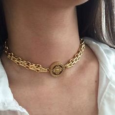 Gold coin choker statement gold choker gold link choker | Etsy Elegant Necklace With Chunky Chain And Medallion, Elegant Medallion Necklace With Chunky Chain, Vintage Round Chunky Chain Jewelry, Luxury Gold Statement Coin Necklace, Yellow Gold Chunky Chain Choker Necklace, Luxury Gold-tone Chain Necklace With Chunky Chain, Pearl Choker Wedding, Luxury Gold-plated Chunky Chain Necklace, Gold Coin Choker