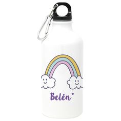 a white water bottle with a rainbow and clouds on the side that says belin