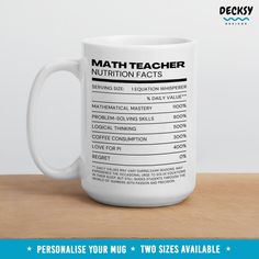 Math Teacher Mug, Personalised Gift, Nutritional Facts Mathematics Teacher, Mathematician Appreciation, End Of Term Teaching Assistant Gift Mugs by DecksyDesigns Maths Teacher, Student Exam, Teacher Mug, Presents For Teachers, Logical Thinking, Personalized Mug, White Coffee Mugs, Problem Solving Skills, Math Teacher