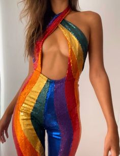 Rainbow Jumpsuit, Jumpsuit Ideas, Jumpsuit Sequin, Cher Costume, Rainbow Costumes, Disco Jumpsuit, Disco Fashion, Burning Man Outfits, Womens Jumpsuits