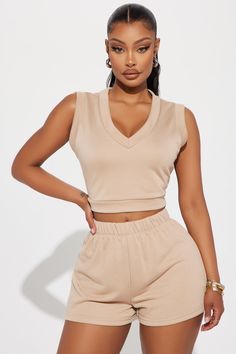 Available In Heather Grey And Tan. Lounge Top V Neck Sleeveless French Terry Cropped Stretch Pair With " Country Club Lounge Short" 100% Polyester Imported | Country Club Lounge Top in Tan size Large by Fashion Nova