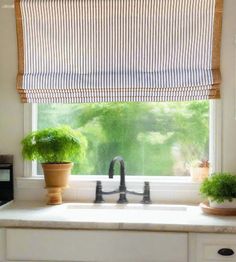 a kitchen sink under a window next to a potted plant on top of a counter