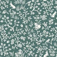 a blue and white floral wallpaper with birds, flowers, and leaves on it