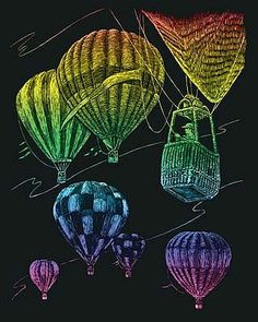 several colorful hot air balloons in the sky with lines drawn on it's sides