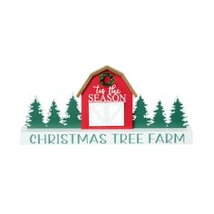 a red barn with christmas tree farm on it