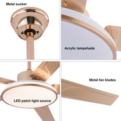 four different views of a ceiling fan with light bulbs and metal blades on each side