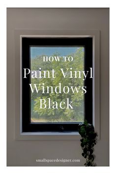 a window with the words how to paint vinyl windows black on it and a potted plant in front