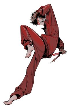 a drawing of a woman in red jumpsuits with one leg up and the other hand on her hip