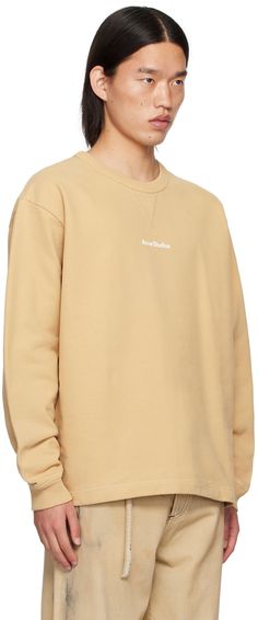 Organic cotton French terry sweatshirt. · Rib knit crewneck and cuffs · Logo bonded at chest · Dropped shoulders Supplier color: Wheat beige Beige Crew Sweatshirt With Ribbed Cuffs, Beige Crew Neck Sweatshirt With Ribbed Collar, Acne Shop, Workout Sweatshirt, Knit Crewneck, French Terry, Wheat, Rib Knit, Top Brands