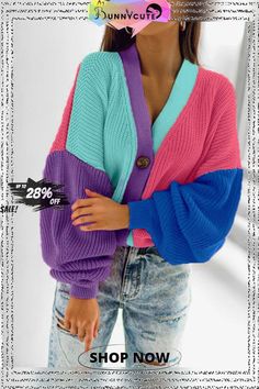 Women's Casual Patchwork Colour Bright Woolen Knitted Long-sleeve Cardigan Top Alpha Kappa Alpha Sweater, Colorblock Cardigan, Color Block Cardigan, Cardigan Style, Knitting Machine, Cardigan Top, Color Block Sweater, Womens Clothing Stores, Sleeve Cardigan