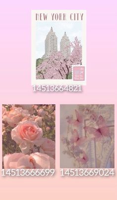 pink flowers are shown in three different pictures with the words new york city on them