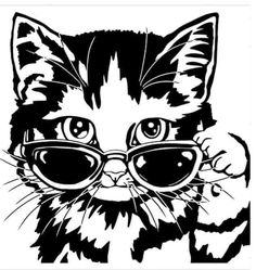 a black and white drawing of a cat wearing glasses