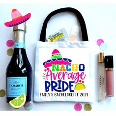 an image of a bag with personalized items on it and confetti around it