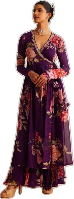 Designer Long Sleeve Purple Palazzo Set, Eid Long Sleeve Digital Print Palazzo Set, Elegant Purple Long Sleeve Anarkali Set, Designer Long Sleeve Anarkali Set With Printed Motifs, Festive Digital Print Long Sleeve Palazzo Set, Festive Long Sleeve Digital Print Palazzo Set, Elegant Anarkali Set With Floral Print For Navratri, Elegant Floral Print Anarkali Set For Navratri, Elegant Long Sleeve Salwar Kameez With Digital Print