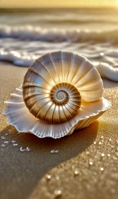 a sea shell sitting on top of a sandy beach next to the ocean waves at sunset