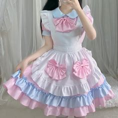 Sweet Pink Bow Knot Ruffled Maid Lolita Dress Embrace your elegant side with our Sweet Pink Bow Knot Ruffled Maid Lolita Dress. The delicate pink hue, intricate bow knot and charming ruffled details exude a captivating charm. Turn heads and feel graceful in this striking dress. Perfect for any formal occasion. Size Info. S: Bust 84 cm. Waist 68 cm M: Bust 88 cm. Waist 72 cm L: Bust 92 cm. Waist 76 cm XL: Bust 96 cm. Waist 80 cm 2XL: Bust 100 cm. Waist 84 cm All measurements are approximate and c Anime Details, French Costume, Summer Layers, Vestidos Color Rosa, Cute Dresses For Party, Maid Uniform, Style Kawaii, Adorable Outfits, Details Pictures