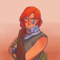 a drawing of a woman with red hair wearing a scarf and holding a green backpack