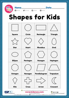 shapes for kids worksheet with the names and numbers on it's page