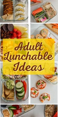 an assortment of lunch boxes filled with food and the words, adult lunchable ideas