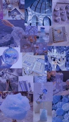 the collage shows many different things in blue and white