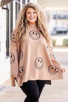 Chic Soul plus size clothing, mocha sweater with black smiley faces and high neck Trendy Brown Sweater For Loungewear, Oversized Playful Top For Fall, Oversized Fun Fall Sweater, Long Sleeve Smiley Face Top For Fall, Oversized Fun Sweater For Fall, Cute Brown Sweater For Fall, Cute Oversized Sweater For Loungewear, Trendy Brown Cozy Fit Sweater, Trendy Fall Tops With Smiley Face