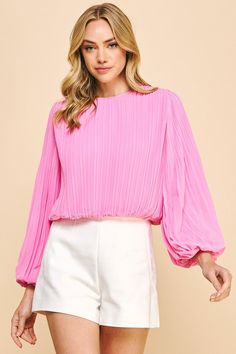 Introducing our Pleated Woven Top, made from a soft and elegant pleated fabric. Its round neck adds a touch of sophistication, while the bishop sleeves provide a flattering and stylish look. Falling right above the waistline, this top is perfect for any occasion. Chic Blouse With Pleated Sleeves For Spring, Billowy Pleated Sleeve Blouse For Spring, Billowy Blouse With Pleated Sleeves For Spring, Elegant Long Sleeve Top With Blouson Sleeves For Spring, Chic Blouse With Pleated Sleeves, Chic Puff Sleeve Top With Pleated Sleeves For Party, Chic Bishop Sleeve Blouse For Spring, Spring Party Puff Sleeve Top With Bishop Sleeves, Chic Crew Neck Blouse For Spring