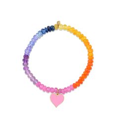 14k gold and pink enamel small heart charm on a bracelet of 5mm mix semi-precious faceted beads. The charm measures approximately 3/8" in diameter. All Sydney Evan beaded bracelets are strung on a stretch cord along with our 14k gold SE logo charm. Beads color and shape may vary slightly due to the nature of the precious and semi-precious stones. Standard size is approximately 6.25", for all custom size requests, please contact us. Gold And Pink, Charm Beads, Sydney Evan, Semi Precious Beads, Pink Enamel, Small Heart, Gold Enamel, Heart On, Heart Charm Bracelet