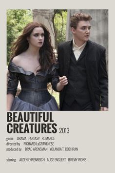 the poster for beautiful creatures starring actors in period dress and tuxedo, standing next to each other