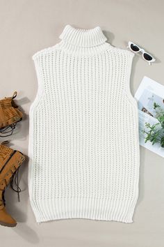 Sleevless Sweater, Turtleneck Sleeveless, Sleeveless Sweater Vest, High Neck Designs, Romper And Jacket, White Turtleneck, Clean Aesthetic, Hem Sweater, Spring Outfits Women