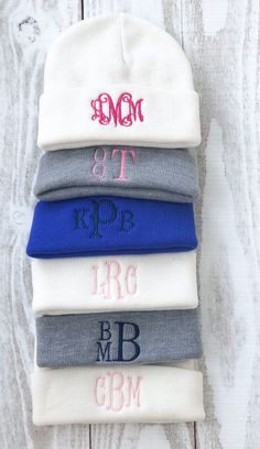 "The perfect addition to any winter outfit! Personalize this beanie hat with your choice of personalization and thread color. Hats come in two sizes, baby (sized through 24M) or Kids. Each hat will be personalized with (aprox) a 2 in monogram. Please submit monogramming info at time of order! To order: 👋🏻 1. Add to shopping cart 2. In the box that says \"personalization\" enter your desired monogram by typing full name *Example: Maggie Ann Smith* 3. Specify monogram style number/color 4. Conti Casual Winter Hats With Letter Embroidery, Personalized Winter Hats As Gifts, Embroidered Baby Hat, Personalized Cotton Baseball Cap, One Size, Monogram Kids, Personalized Baby Hat, Monogram Machine, Monogram Hats, Toddler Winter