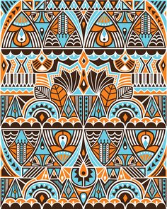 an abstract design in blue, orange and brown with lots of details on the edges