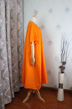 "【Fabric】 Cotton, linen 【Color】 orange 【Size】 Shoulder width 39cm/ 15.2\" Sleeve Length 29cm / 11\" Cuffs around 40cm / 6\" Bust 114cm / 45\" Waist circumference 170cm/ 66\" Length 112cm / 44\" Hem circumference 236cm/ 92\" Washing & Care instructions: -Hand wash or gently machine washable do not tumble dry -Gentle wash cycle (40oC) -If you feel like ironing (although should not be necessary) , do it with steam or while the dress is still slightly wet -Do not bleach If you like this dress, p Casual Orange A-line Maxi Dress, Orange Cotton Midi Dress With Short Sleeves, Casual Orange Linen Dress, Orange Short Sleeve Dress With Pockets, Orange Cotton Dress With Pockets, Short Sleeve Linen Maxi Dress, Summer Dress Linen, Industrial Home Decor, Women Summer Dress