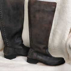 Never Worn / Wide Calf / No Box Any Questions, Just Ask.. Gray Leather Boots With Reinforced Heel, Rugged Boots With Rivets And Round Toe, Studded Leather Closed Toe Boots, Gray Leather-sole Boots For Fall, Western Gray Leather Boots, Casual Leather Boots With Studs, Gray Leather Boots For Fall, Gray Boots With Leather Sole And Round Toe, Studded Leather Knee-high Boots