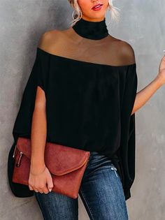 Cape Blouse, Cape Tops, Going Out Shirts, High Neck Blouse, Mesh Blouse, Elegant Blouses, Summer Blouses, Loose Blouse, Solid Clothes