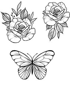 three roses and two butterflies with one butterfly on the other, both in black and white