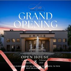 an open house event poster with the words grand opening written in white and red on it