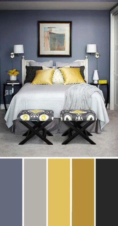 a bedroom with yellow and gray colors in the bedding, pillows, and lamps