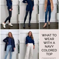 Navy Blouse And Jeans, Dark Blue Tshirt Outfit Woman, Navy Blouse Outfit Work, Navy Top Outfit, Navy Blue Shirt Outfit, Navy Sweater Outfit, Blue Tshirt Outfit, Blue Blouse Outfit, Blouse Outfit Work