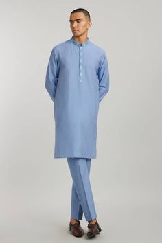 Blue straight kurta with printed placket and collar. Paired with a pant. - Aza Fashions Spring Formal Cotton Lawn Suit, Formal Cotton Lawn Suit For Spring, Fitted Long Sleeve Lawn Suit For Semi-formal Occasions, Long Sleeve Lawn Suit For Eid Workwear, Casual Blue Cotton Lawn Suit, Classic Fitted Cotton Kurta, Classic Fitted Kurta For Workwear, Traditional Dabka Kurta For Work, Traditional Long Sleeve Lawn Suit For Work