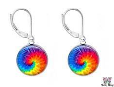 20mm dangle glass cabochon earrings are just the right size to be seen without being too heavy. Can also be made in 16mm, 18mm or 25mm at your request. See photo for size reference. These earrings are printed on a metallic coated paper that makes them shimmer and glow with brilliant colors!  This design really pops! They are not transparent. Handmade glass photo cabochons are stunningly clear and bright! Choose from Solid 925 Sterling Silver French Wires or Solid 925 Sterling Silver Leverbacks Medium sized 20mm diameter round drops in stainless steel bezel settings. Optical grade glass cabochon magnifies and enhances the artwork. Handmade in the USA! Rainbow Nickel-free Earrings For Gifts, Nickel-free Rainbow Earrings For Gift, Nickel-free Rainbow Earrings Gift, Rainbow Sterling Silver Nickel-free Earrings, Nickel-free Rainbow Sterling Silver Earrings, Hypoallergenic Rainbow Round Earrings, Rainbow Round Earrings For Pierced Ears, Adjustable Round Rainbow Earrings, Multicolor Round Clip-on Earrings