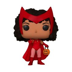 a pop vinyl figurine is shown with a red cape and black hair, holding a pumpkin