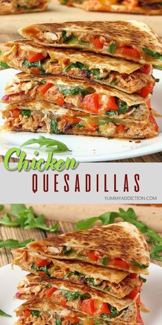 chicken quesadillas stacked on top of each other with tomatoes and spinach