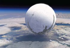 an artist's rendering of a large white object floating in the sky above clouds