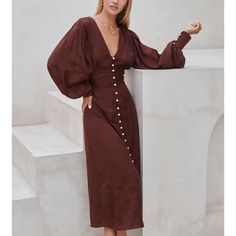 Elegant Brown Puff Sleeve Dress, Brown V-neck Midi Dress For Cocktail, Brown Puff Sleeve Midi Dress For Brunch, Elf Dress, Knitted Swimsuit, Dress Looks, Long Midi Dress, Romantic Evening, Feminine Silhouette