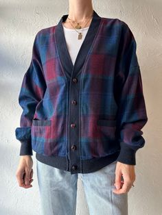 - Vintage Pendleton plaid cardigan - 100% wool - Made in USA - Medium Chest: 23" Length: 26" Sleeve: 19" We are not responsible for lost, stolen, or damaged packages once they have been shipped. Any additional customs duties or taxes incurred on international orders are the responsibility of the buyer. Please note that our items are vintage and may have minor flaws or imperfections due to their age, which adds to their unique character. Classic Argyle Pattern Sweater For Fall, Plaid Wool Sweater For Winter, Plaid Cardigan With Button Closure For Fall, Classic Plaid Sweater For Fall, Classic Plaid Long Sleeve Cardigan, Plaid Cardigan, Wool Plaid, Wool Cardigan, Jumpers And Cardigans